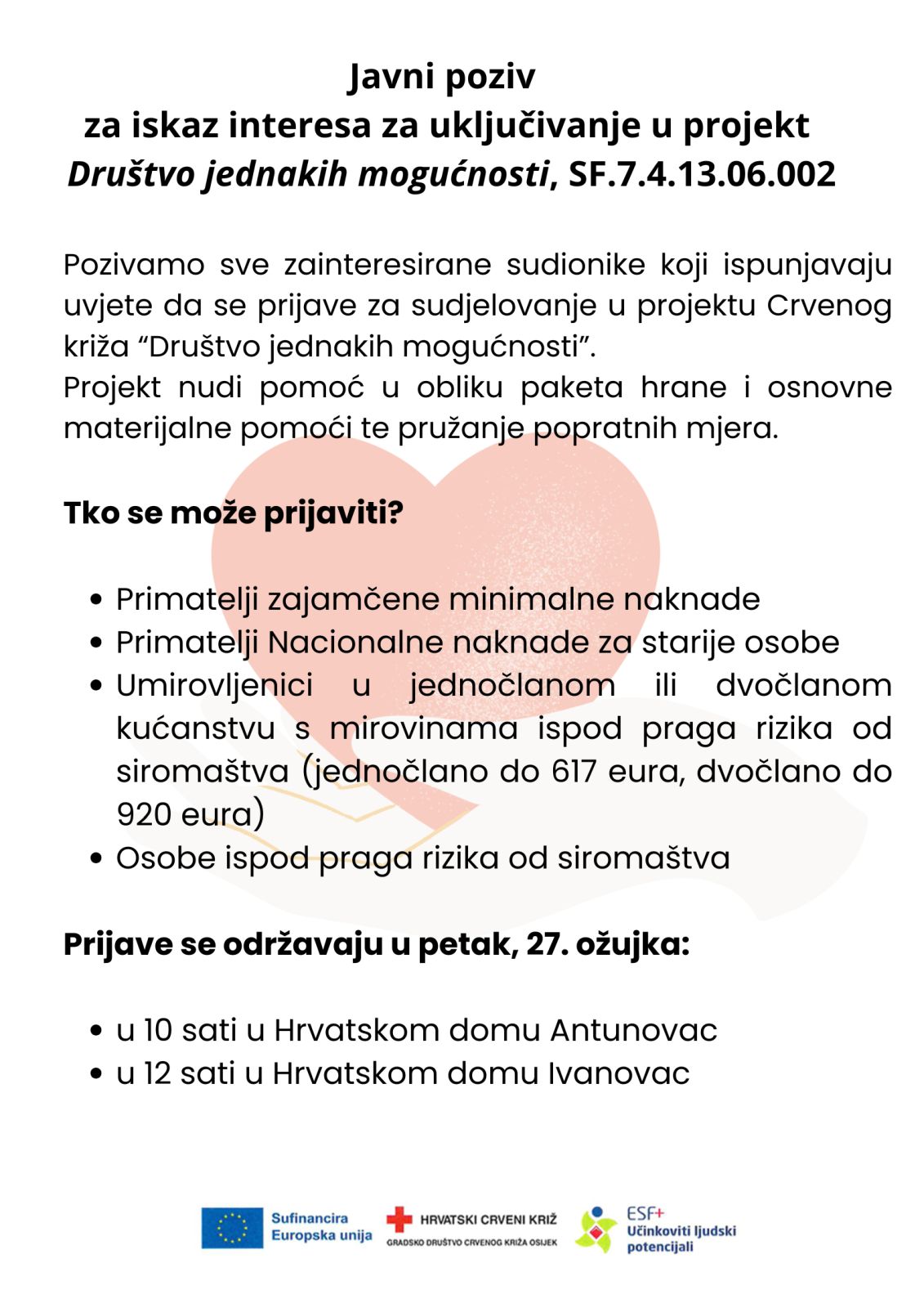 Javni poziv za iskaz interesa za uključivanje u projekt „Društvo jednakih mogućnosti“